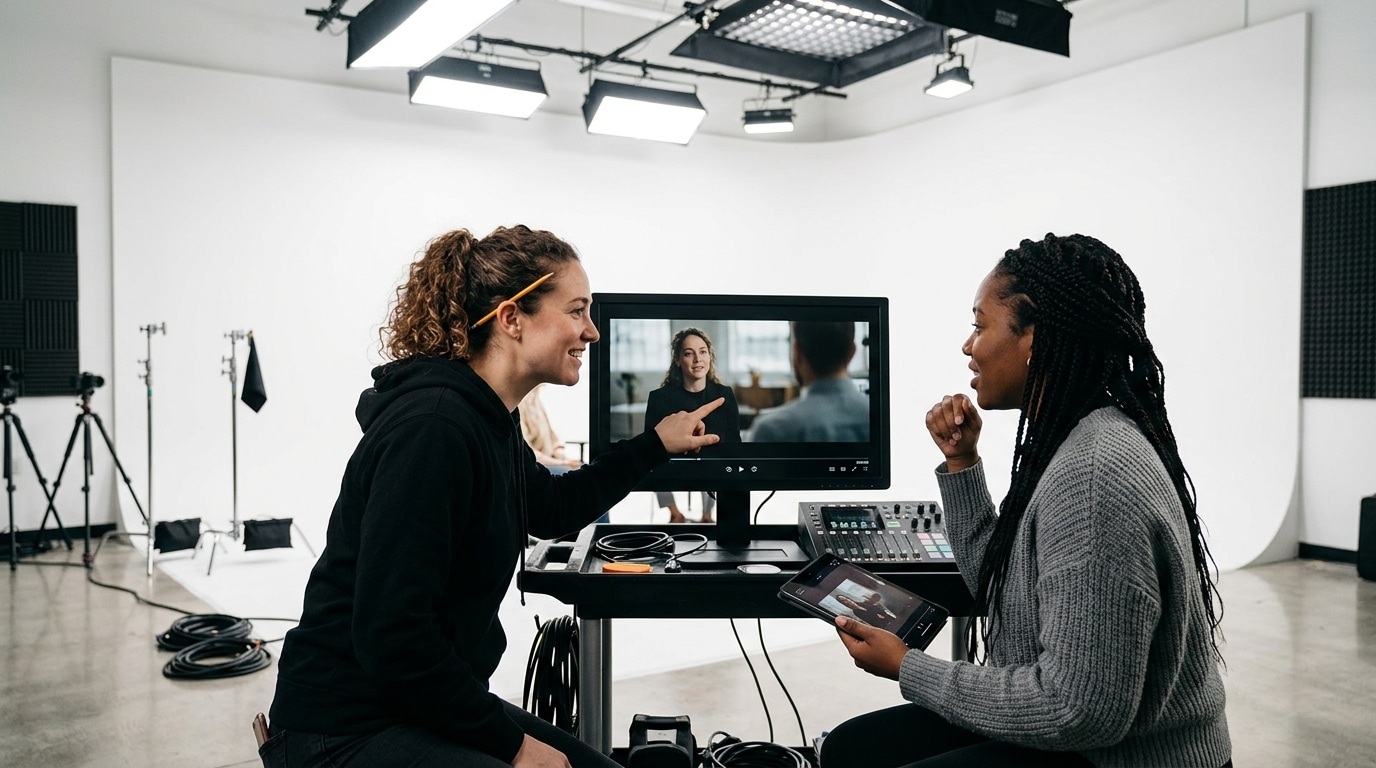 Videographers reviewing footage during cyclorama studio rental shoot at Lightz Out Studios