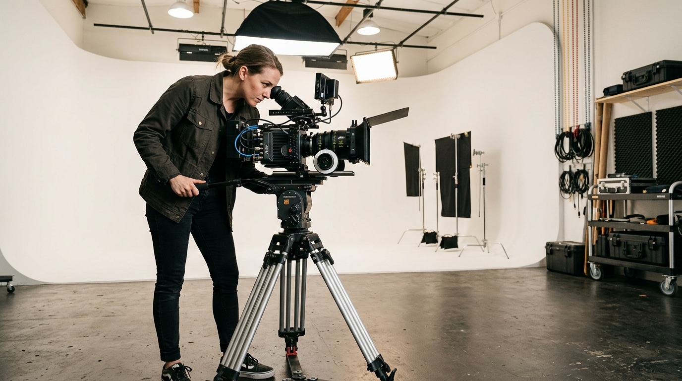 Videographer adjusting cinema camera for music video production in a studio — Lightz Out Studios