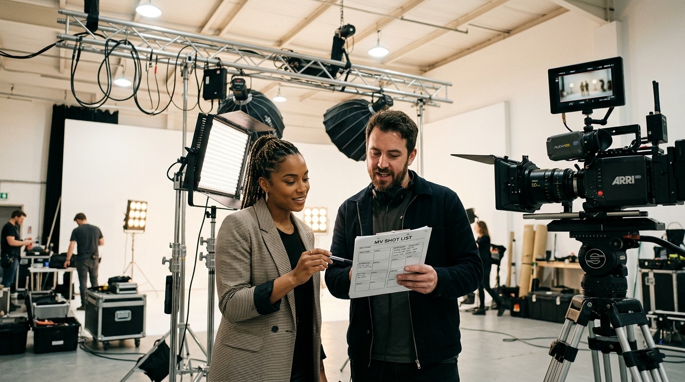 Artist and director planning music video production shots in a studio — Lightz Out Studios
