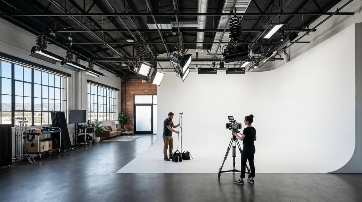 Commercial rental space featuring a professional cyclorama wall in San Diego