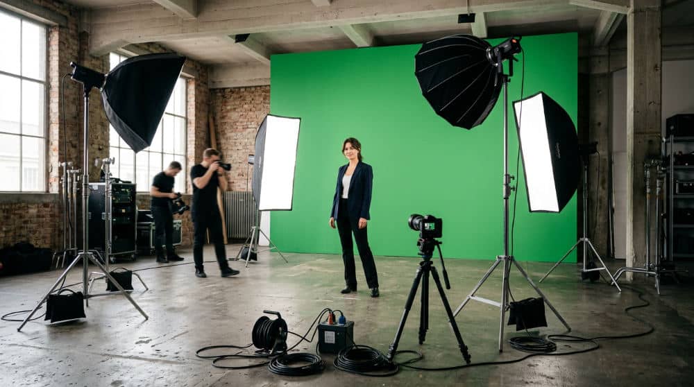 Green screen setup inside a professional commercial rental space