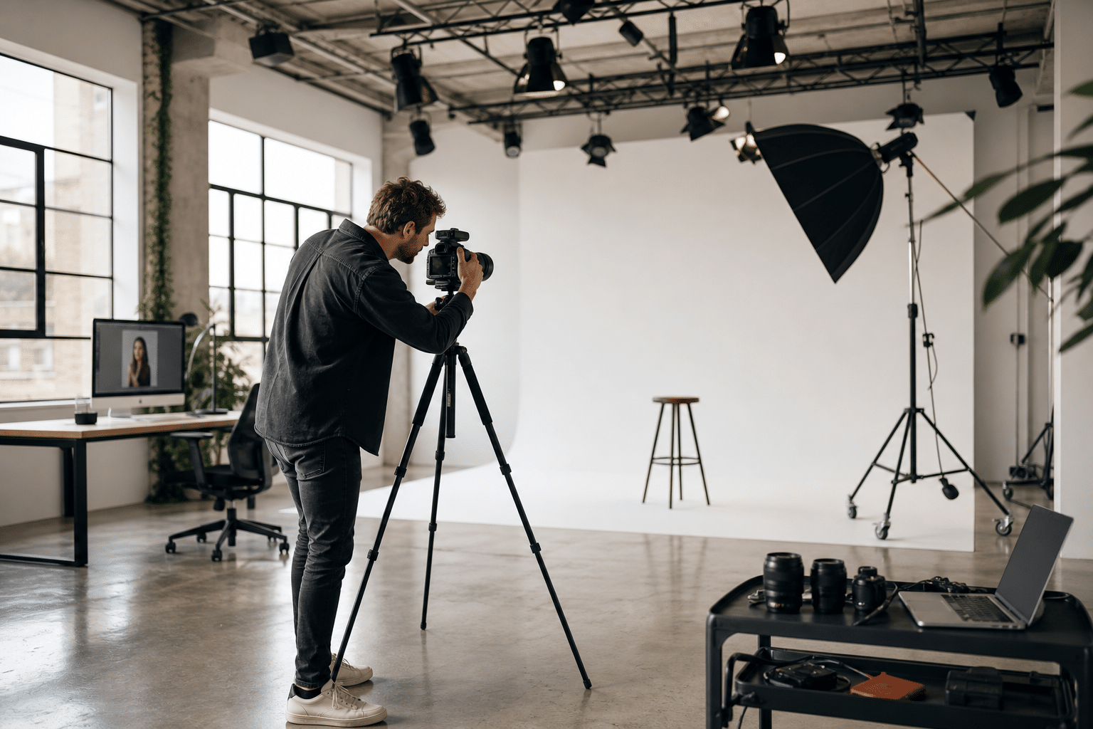 Professional content creator photo studio with camera on tripod and studio lighting setup - Lightz Out Studios