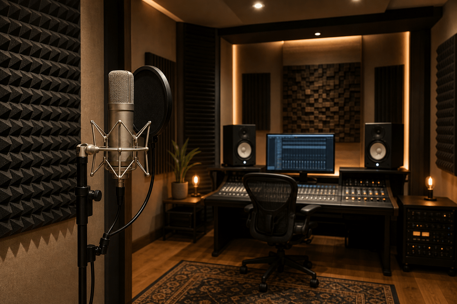 Professional recording studio space rental interior with acoustic treatment and mixing console - Lightz Out Studios