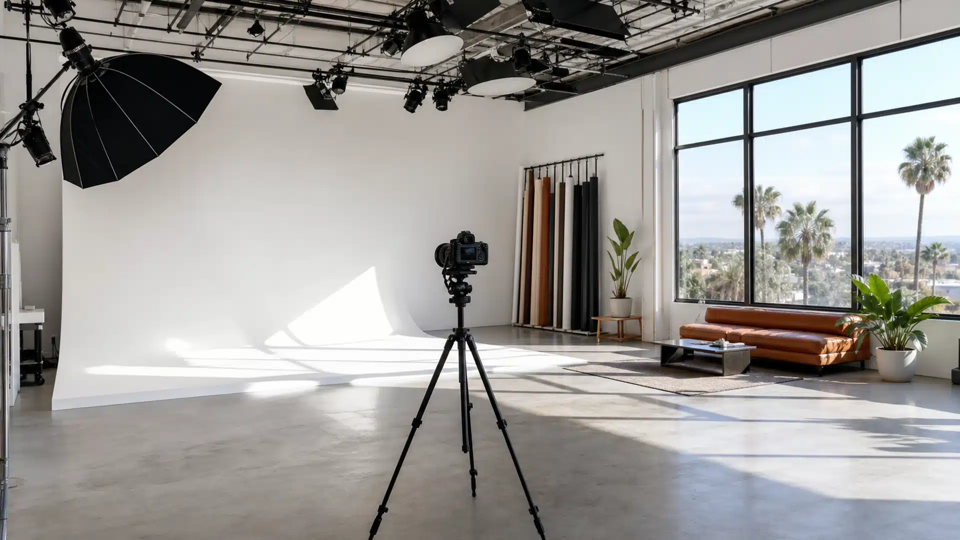 Professional photo studio with cyclorama wall and lighting equipment for hourly studio rental at Lightz Out Studios San Diego