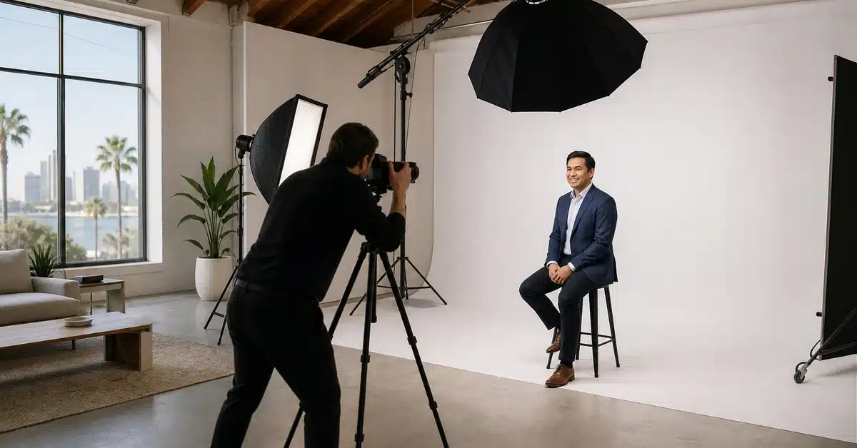 Professional corporate headshots San Diego photography studio session with photographer and client