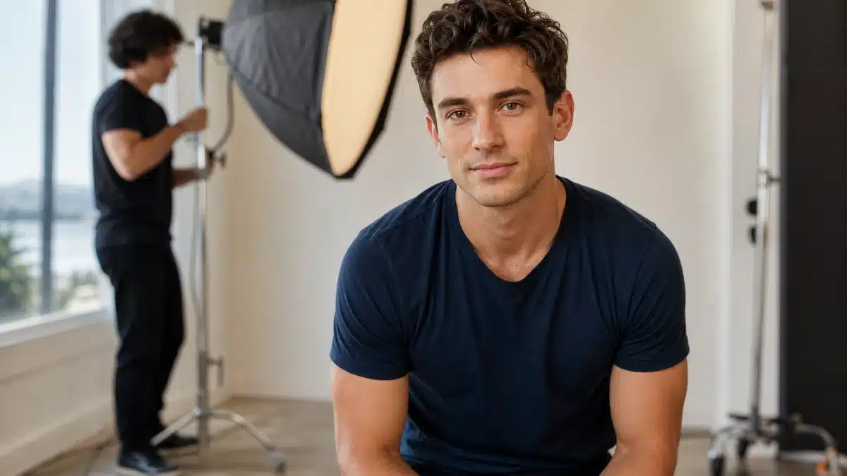 Professional acting headshots san diego session in a bright photography studio with actor and photographer