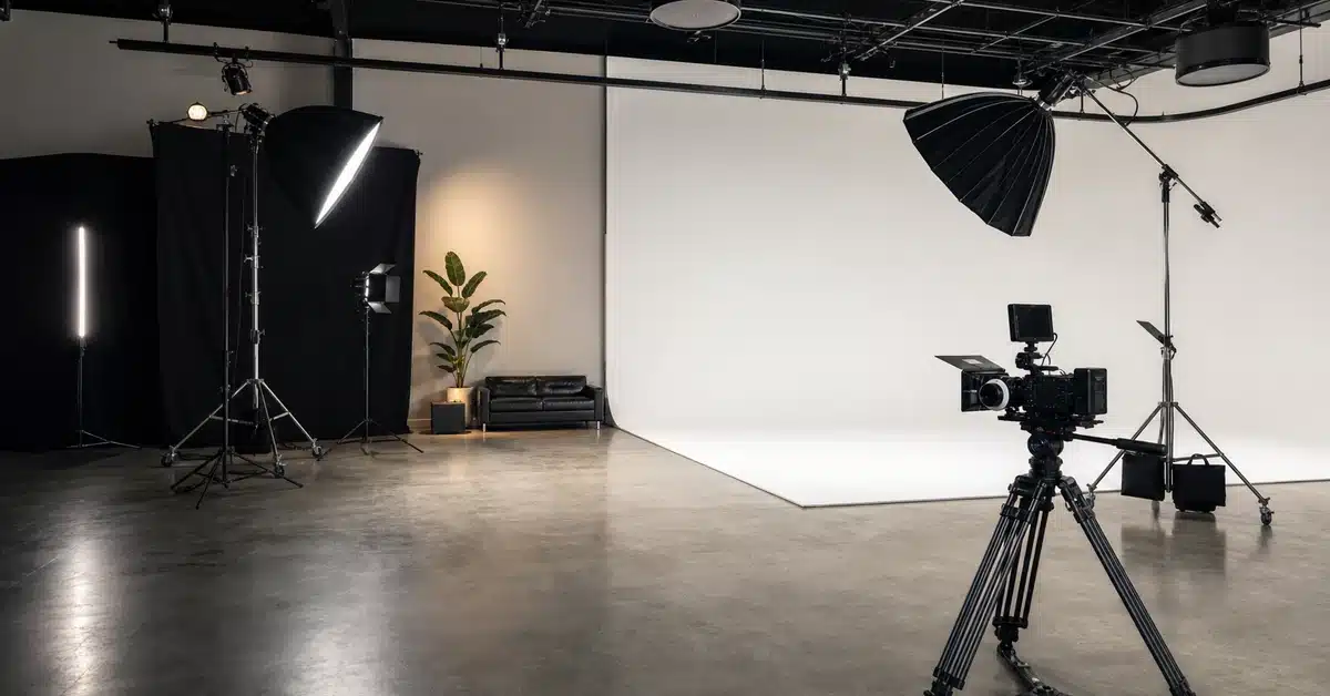 production company music video studio set with professional lighting and cyclorama wall at Lightz Out Studios