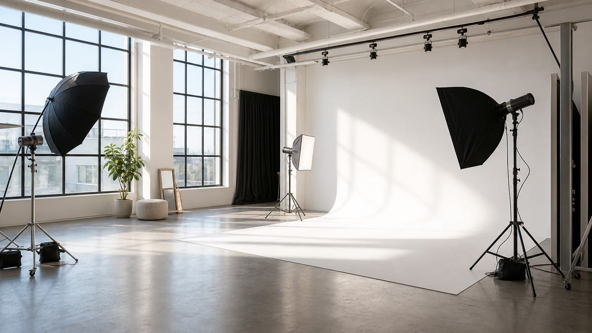 fashion photoshoot studio rental at Lightz Out Studios — professional studio interior with cyclorama wall and lighting rigs