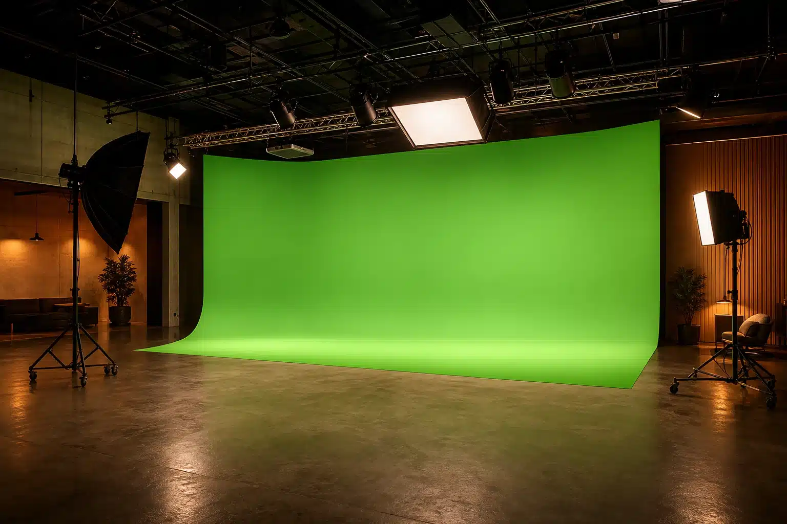 Professional green screen studio rental with cyclorama wall and lighting grid - Lightz Out Studios