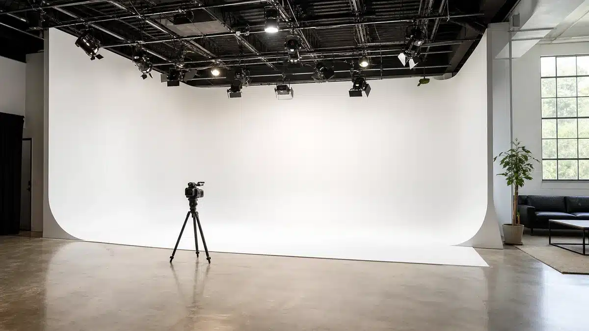 Professional white cyclorama studio rental at Lightz Out Studios with lighting grid and production equipment