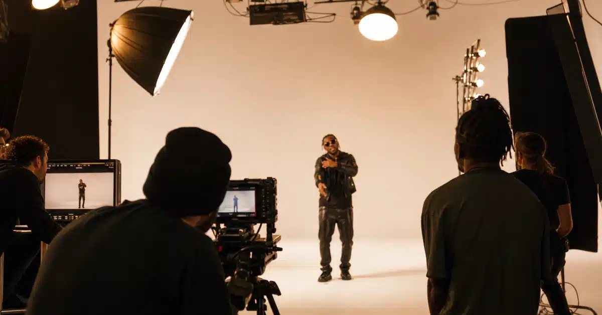 Professional music video production scene in a modern studio with cyclorama wall and lighting rigs — Lightz Out Studios