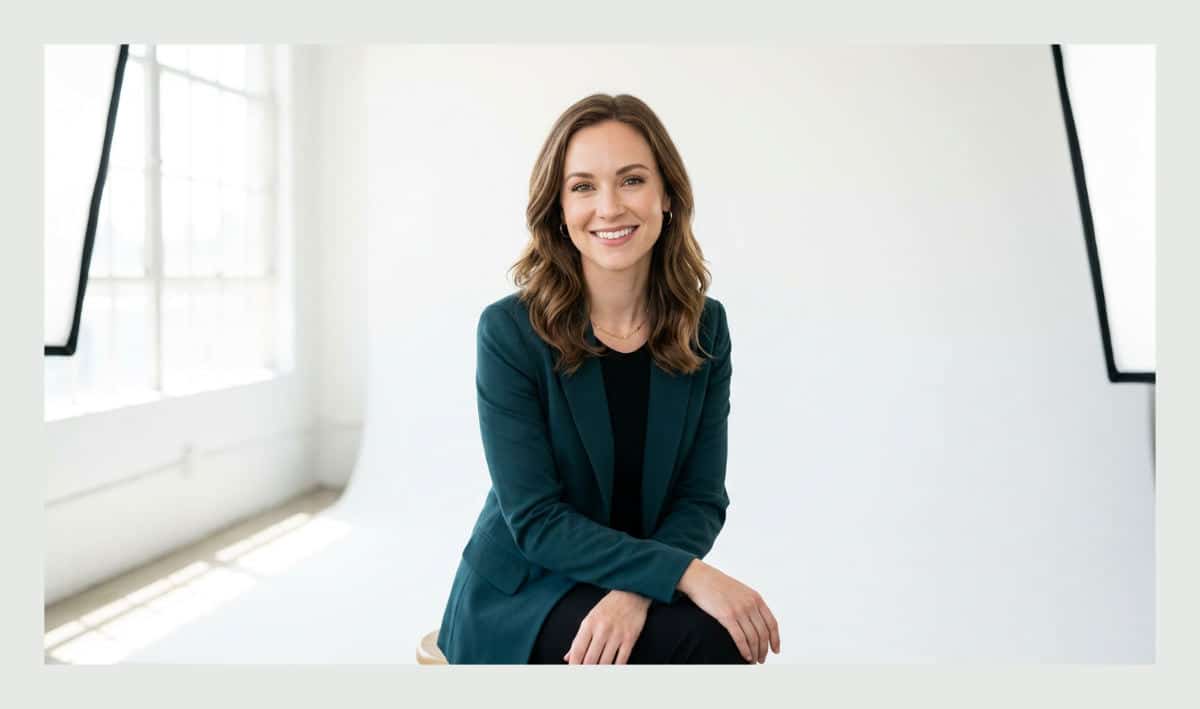 A professional actress posing for headshots against a seamless white cyclorama wall in a San Diego studio.
