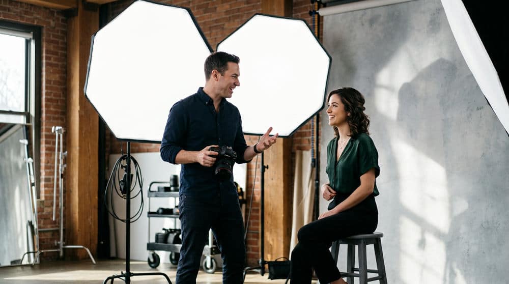 A professional photography coach working with an actress to capture authentic expressions in a San Diego studio.