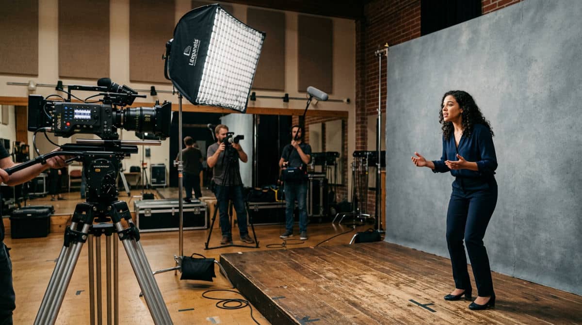 A professional San Diego photography studio setup prepared for a theatrical headshot session with cinematic lighting equipment.