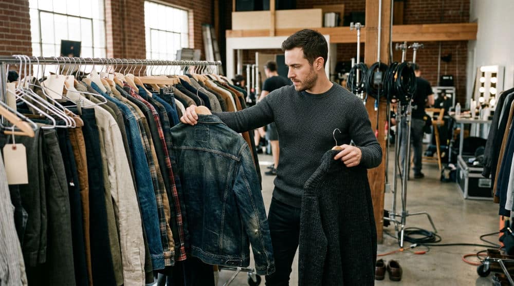 An actor choosing textured wardrobe for a theater headshot session to demonstrate different character types.