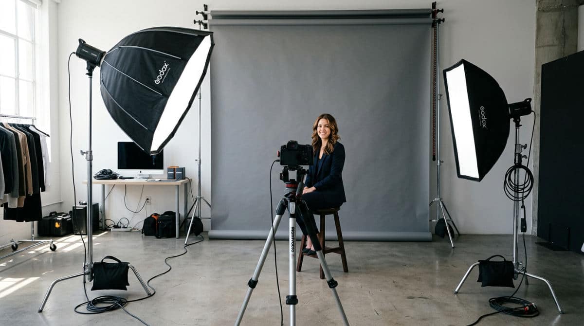 A professional studio setup with specialized lighting and a camera prepared for a high-quality headshot session.
