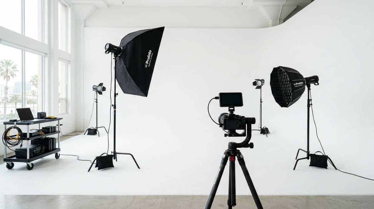 A professional indoor photo studio rental in San Diego featuring a large white cyclorama wall and studio lighting.