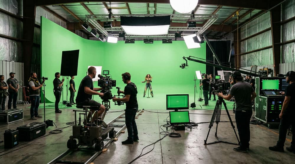 A production crew uses a large green screen for chroma key filming in a professional studio.