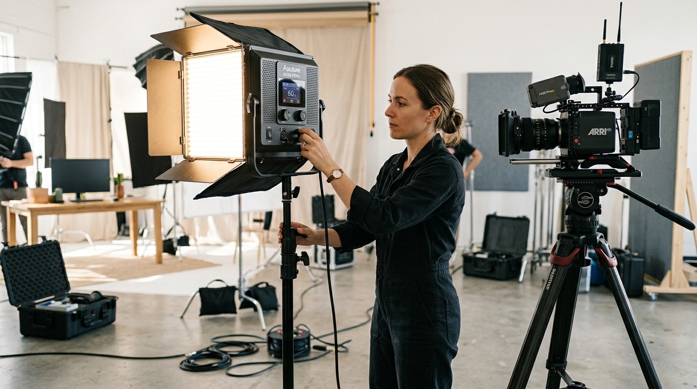 videographer setting up lighting equipment rental in production studio Lightz Out Studios