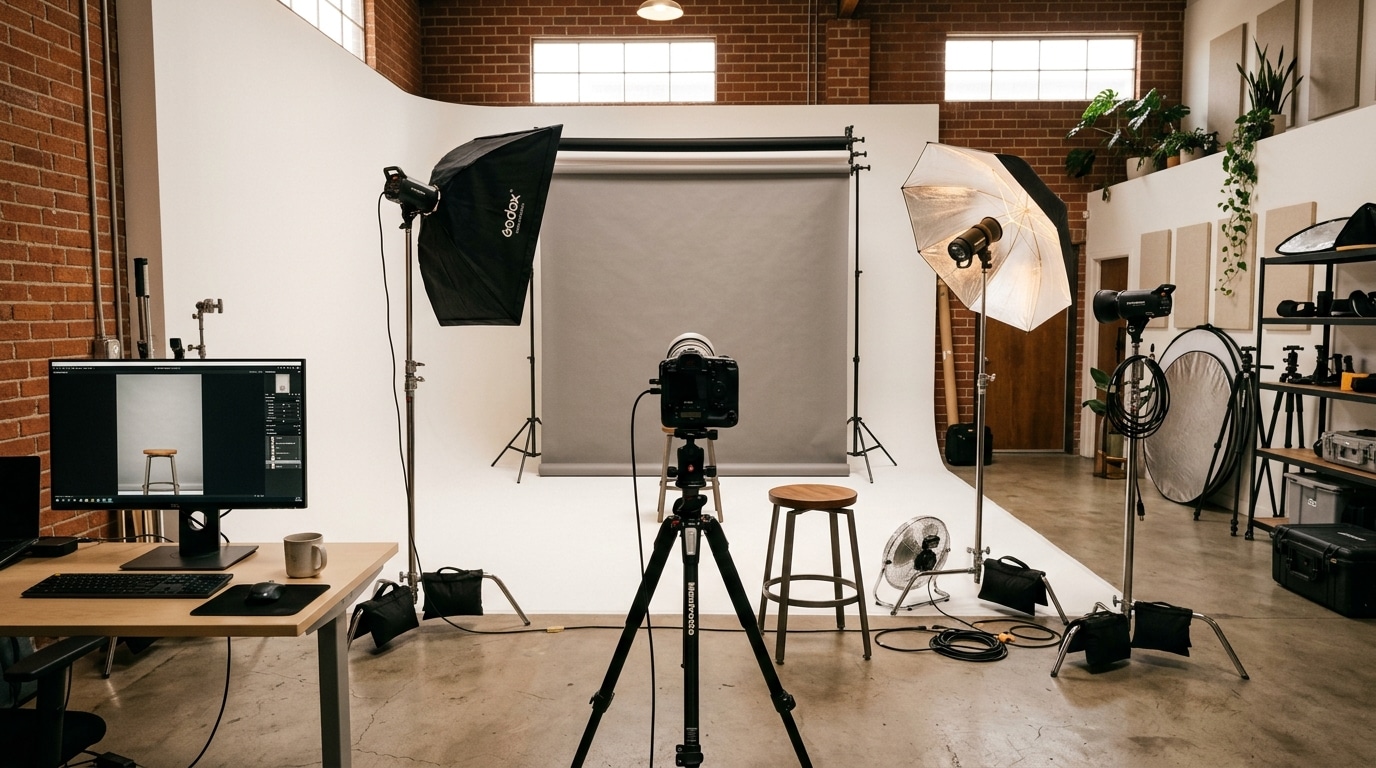 Professional photography studio setup for headshots for LinkedIn — studio lighting and cyclorama wall at Lightz Out Studios