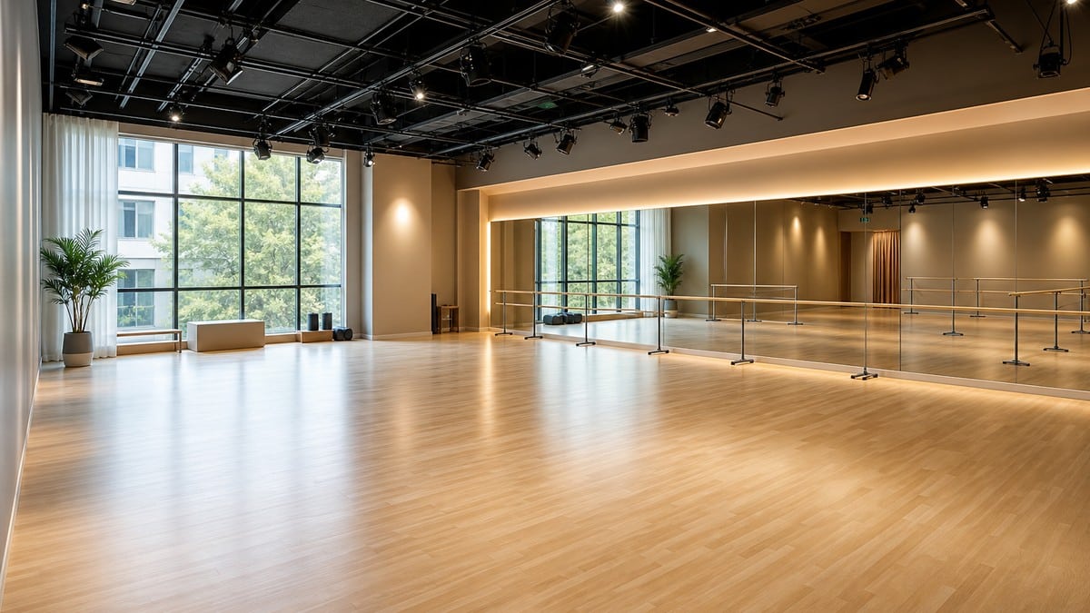 Professional dance studio space rental with sprung floor, mirrors, and lighting rig — Lightz Out Studios