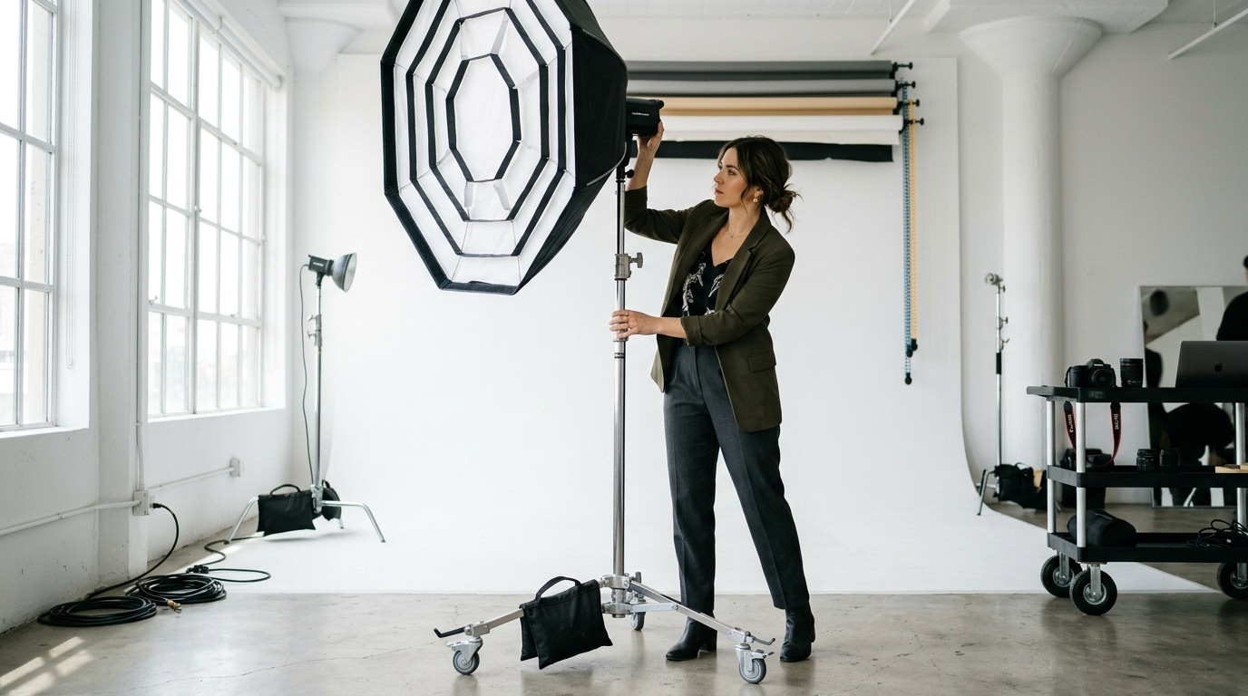 Fashion photographer adjusting strobe lighting in a professional photo studio — fashion photoshoot studio rental setup