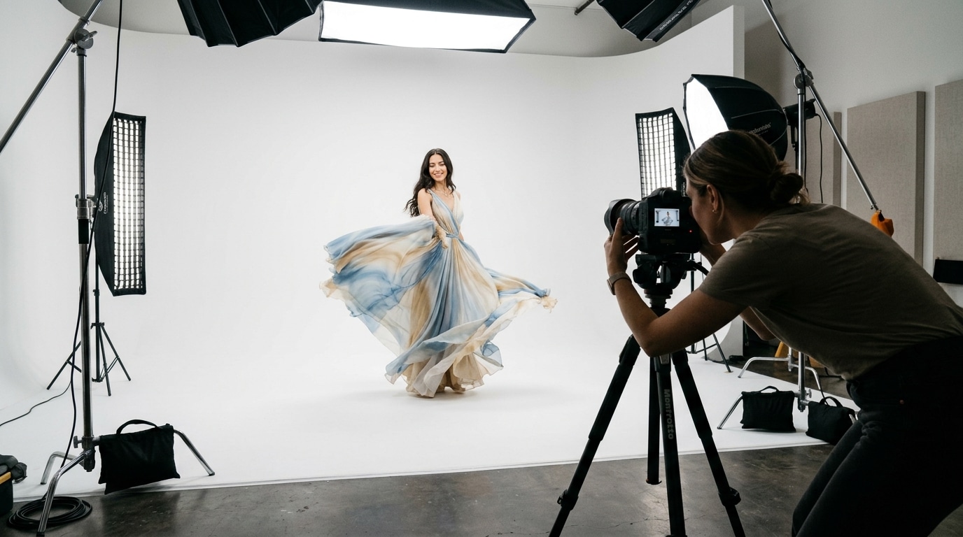 Fashion model and photographer in a cyclorama studio — professional fashion photoshoot studio rental session