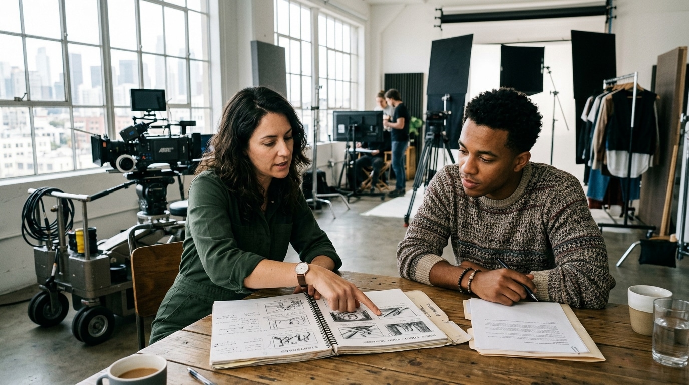 production company music video director and artist reviewing storyboard at Lightz Out Studios