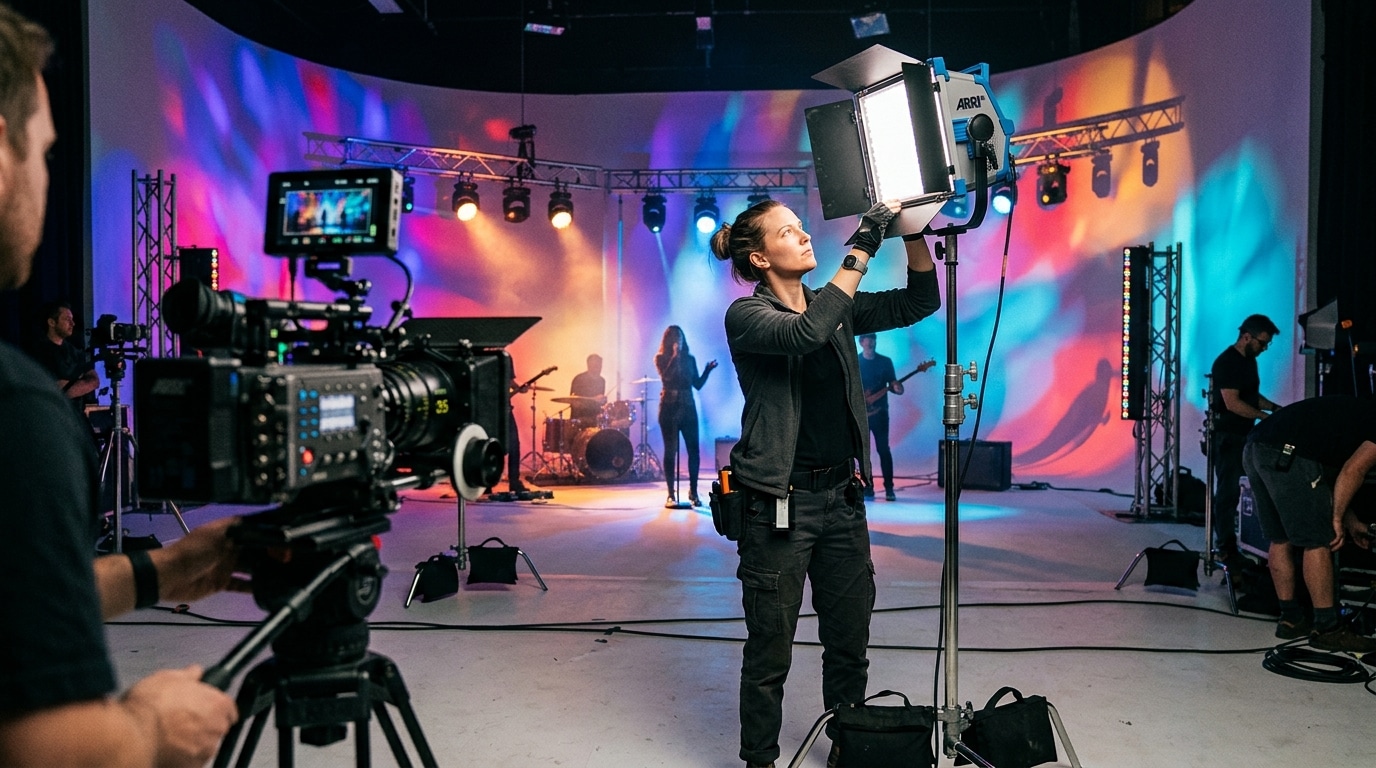 production company music video cinematographer adjusting lighting on set at Lightz Out Studios