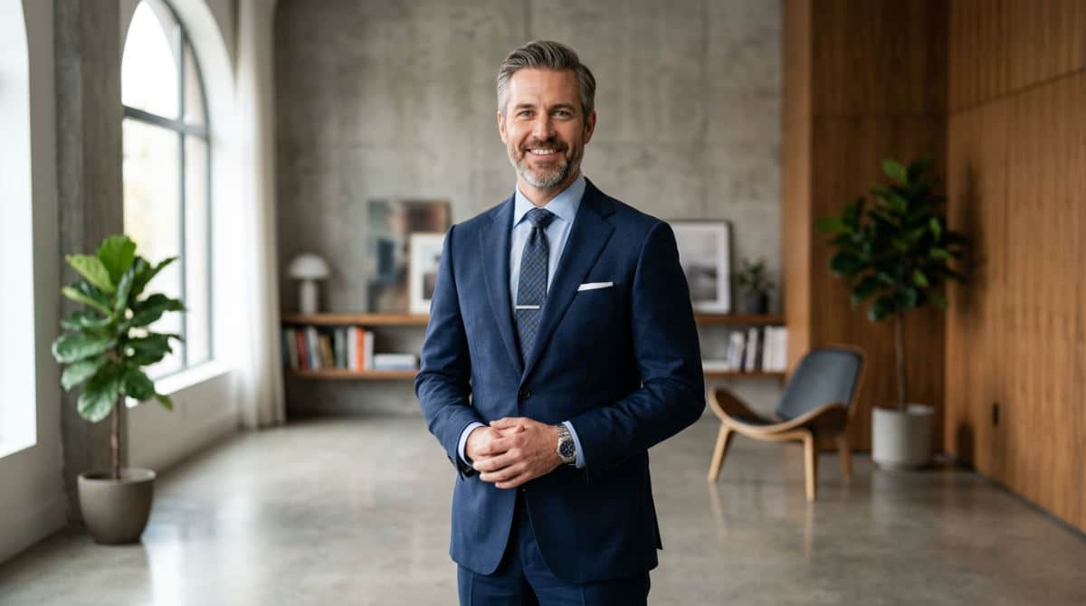 A professional man posing for a LinkedIn headshot in a studio with high-end lighting for a masculine look.