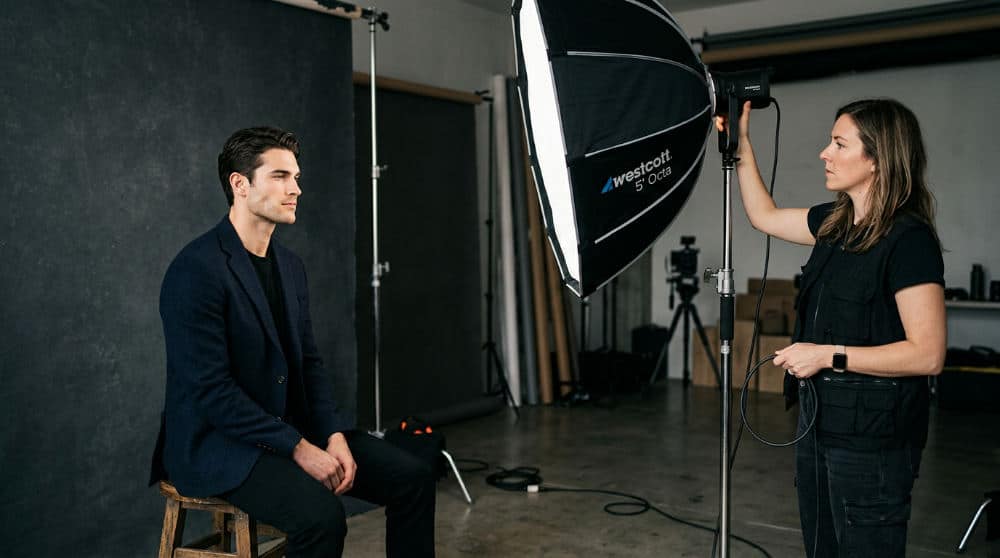 A photographer using cinema-grade lighting equipment to capture men's professional headshots in a San Diego studio.