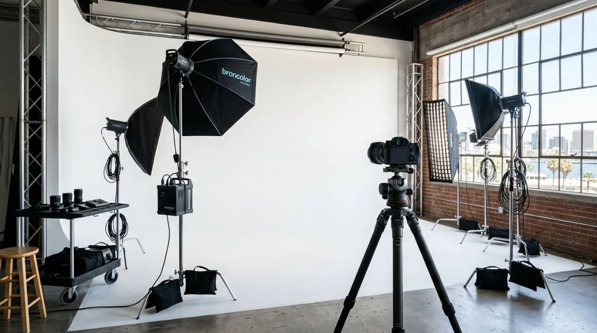 A modern professional photography studio in San Diego featuring a white cyclorama wall and premium lighting equipment.