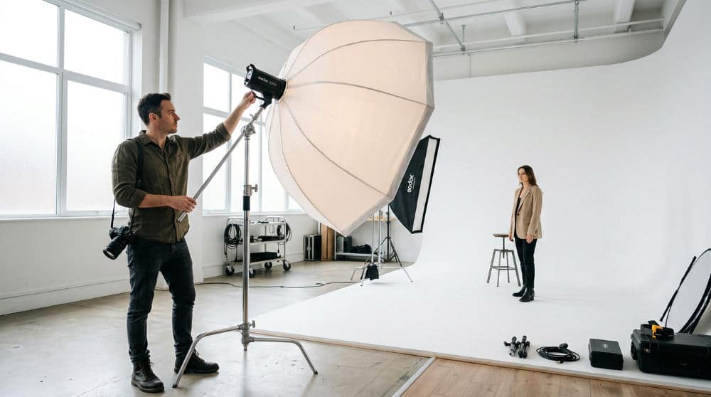 Modern studio lighting rigs setup against a seamless white cyclorama wall for professional fashion photography.