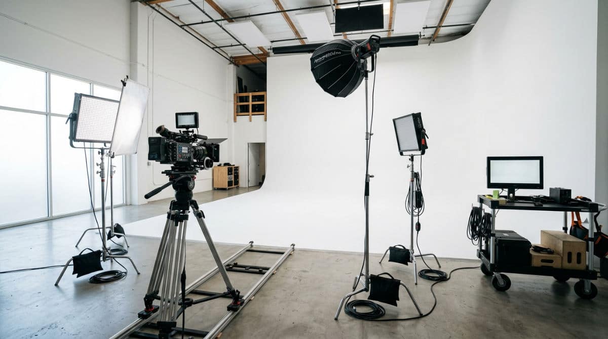 Professional music video studio rental near me featuring a cyclorama wall in San Diego