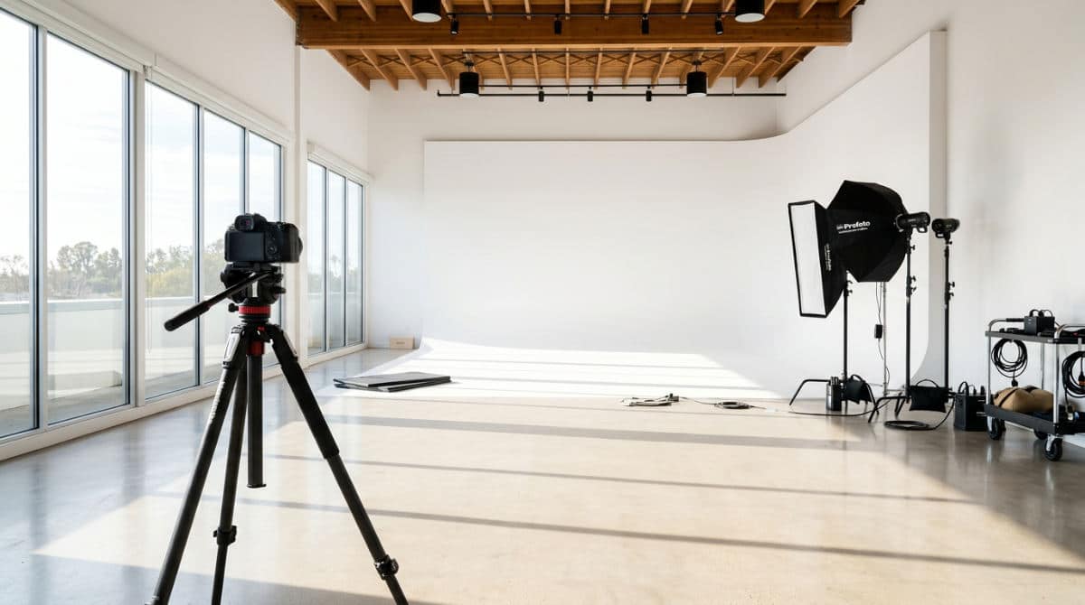 Professional natural light photo studio rental with a large cyclorama wall