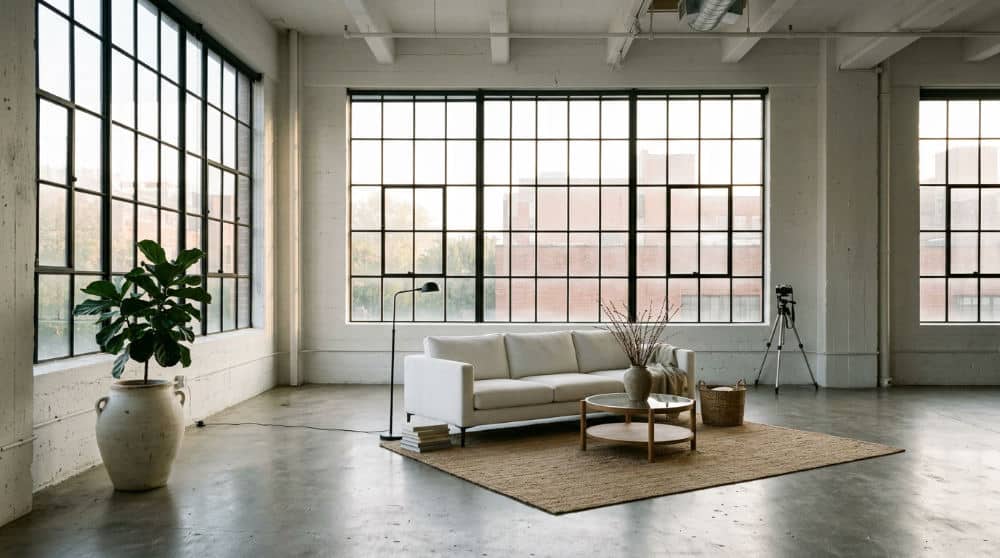 Interior view of a minimalist natural light photo studio rental