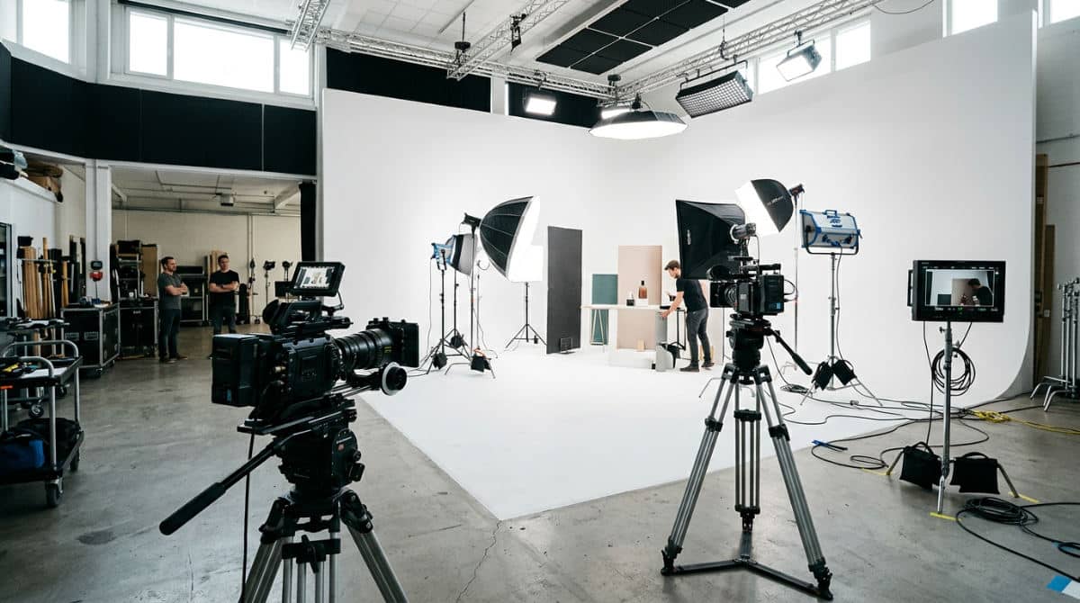 Professional photo hire equipment & studio rental setup with cyclorama wall