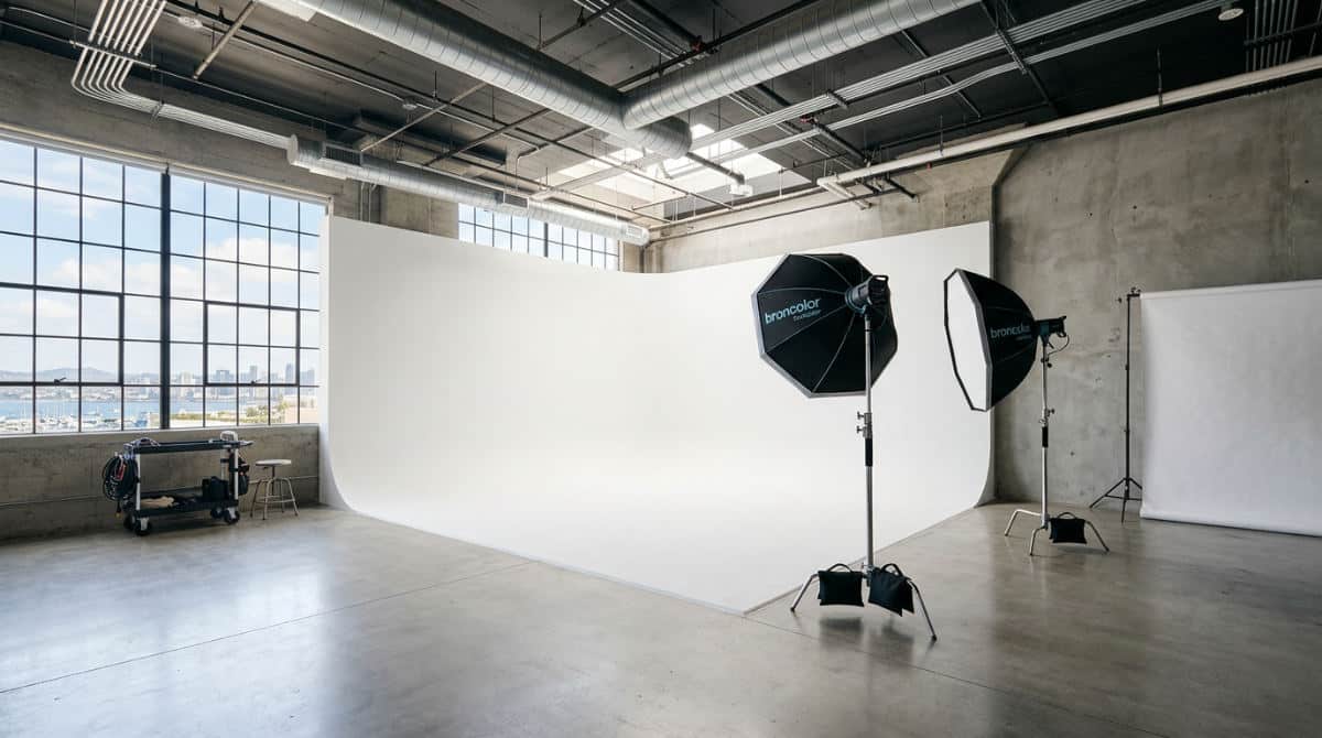 A professional photo studio near me in San Diego showing a large white seamless cyclorama wall and high-end lighting equipment.
