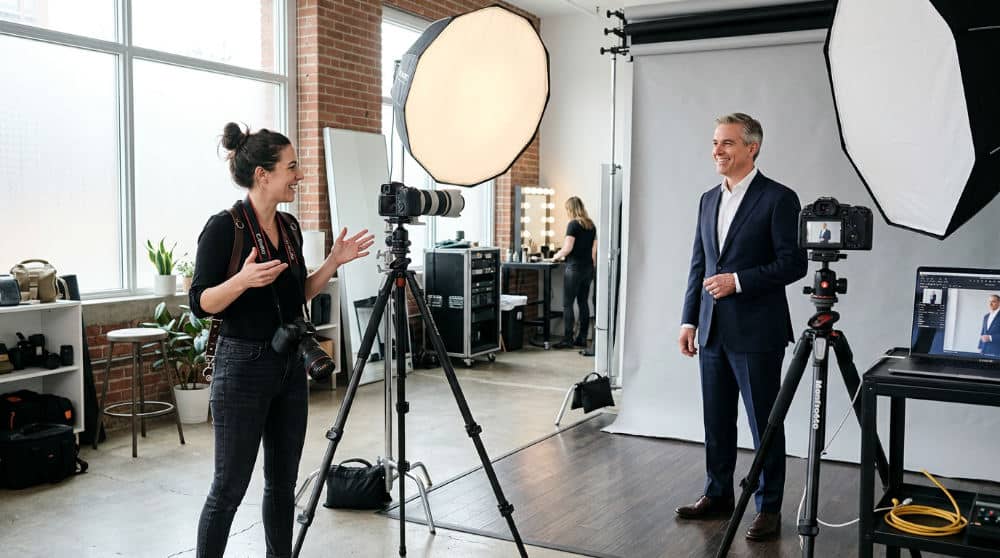 A professional headshot coaching session taking place in a San Diego photography studio.