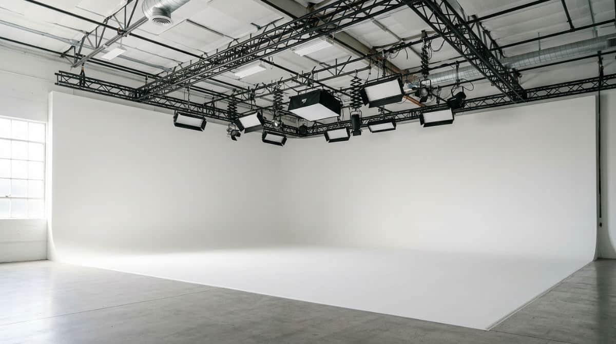 A professional white cyclorama wall at Lightz Out Studios in San Diego providing a seamless infinity background for photography.