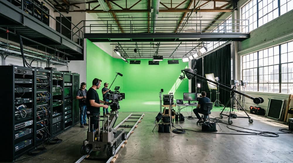 The interior of Lightz Out Studios in San Diego featuring professional video production equipment and a green screen.