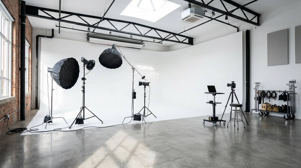 Professional photography studio monthly rental with a white cyclorama wall
