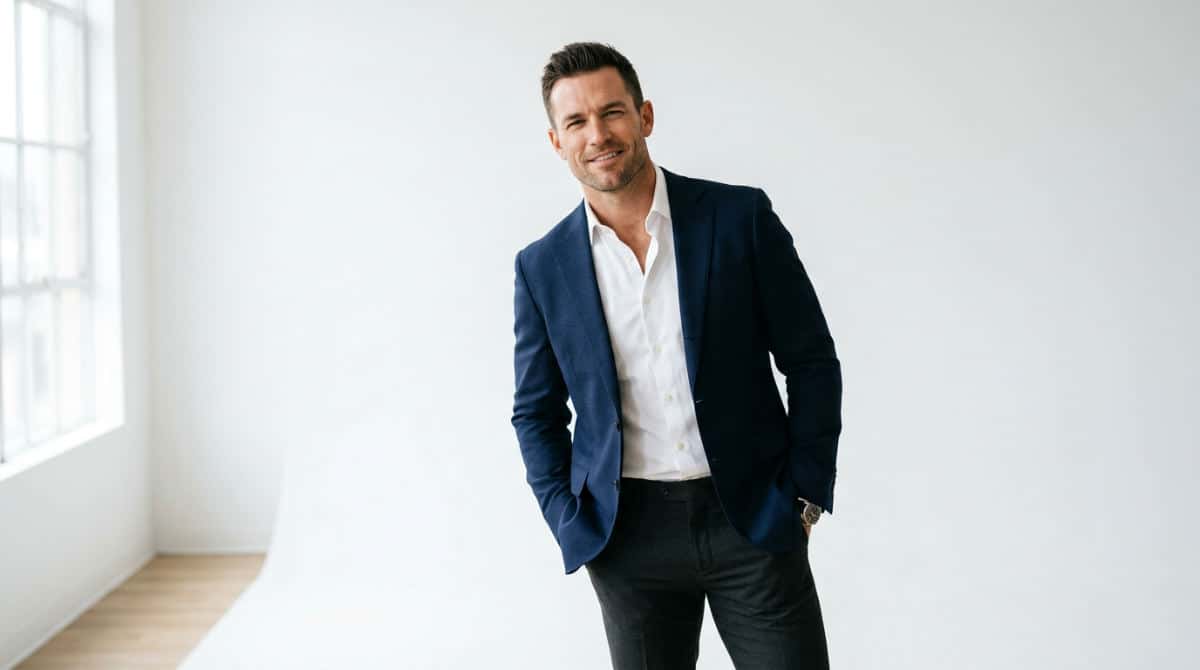 A professional man posing for a high-end corporate headshot against a white background in a San Diego studio.