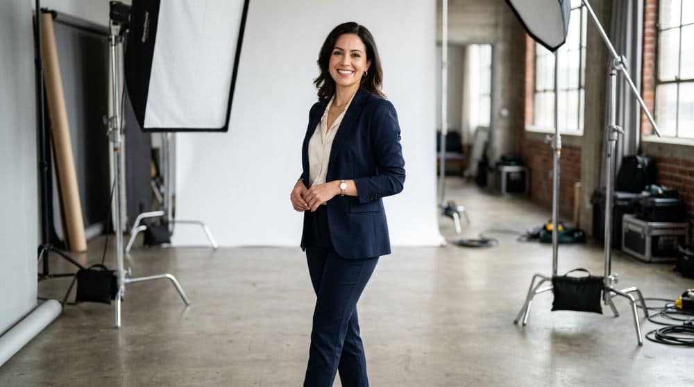 A woman demonstrating the 45-degree shoulder angle for a slimming professional headshot profile.