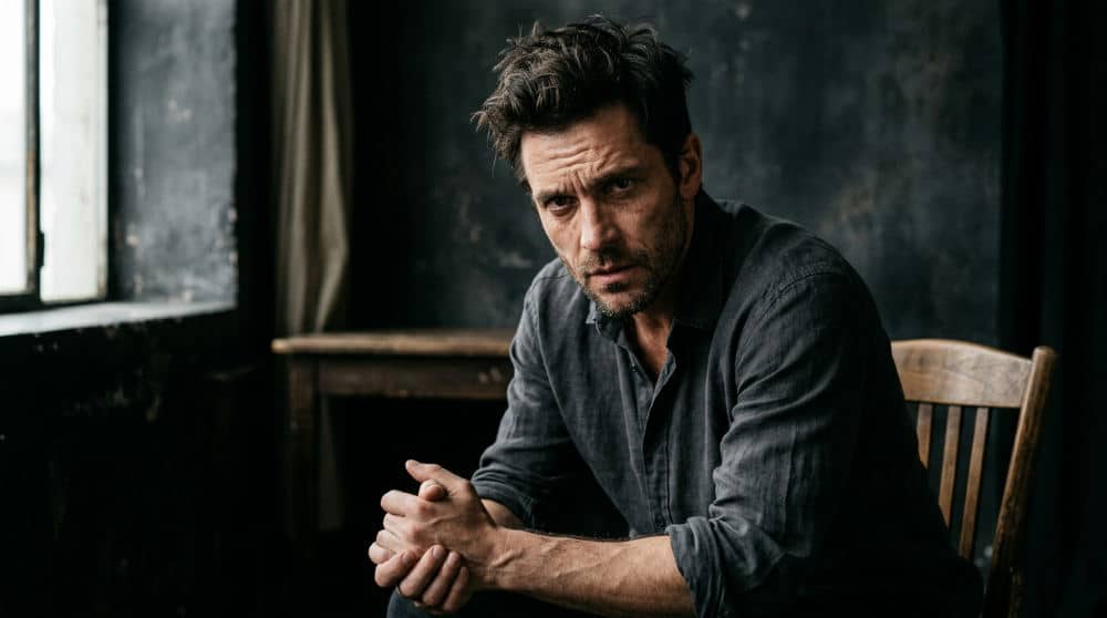 An actor showcasing emotional transparency and character-driven posing during a professional headshot session.