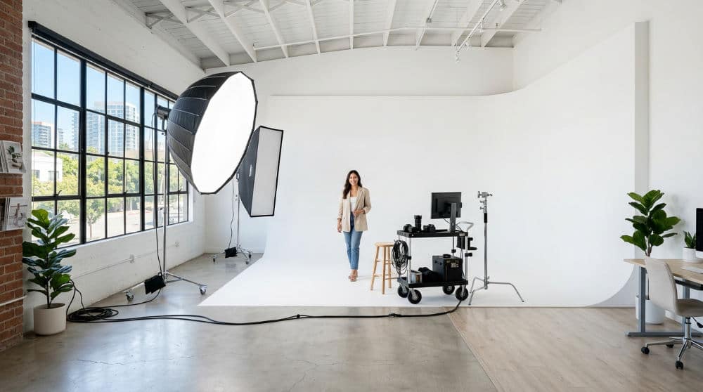 Professional San Diego studio with cyclorama wall for acting headshots.