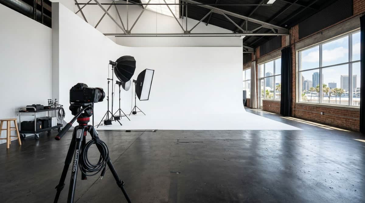 A professional San Diego photo studio featuring a white cyclorama wall and high-end lighting equipment for rentals.