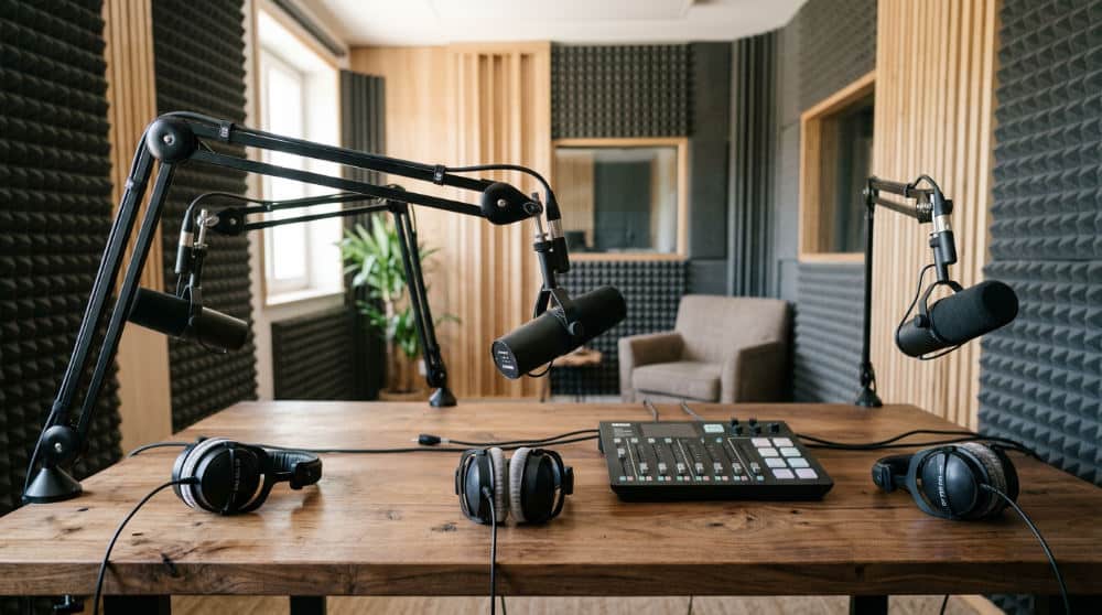 A modern audio and podcast studio rental space in San Diego with professional recording equipment.