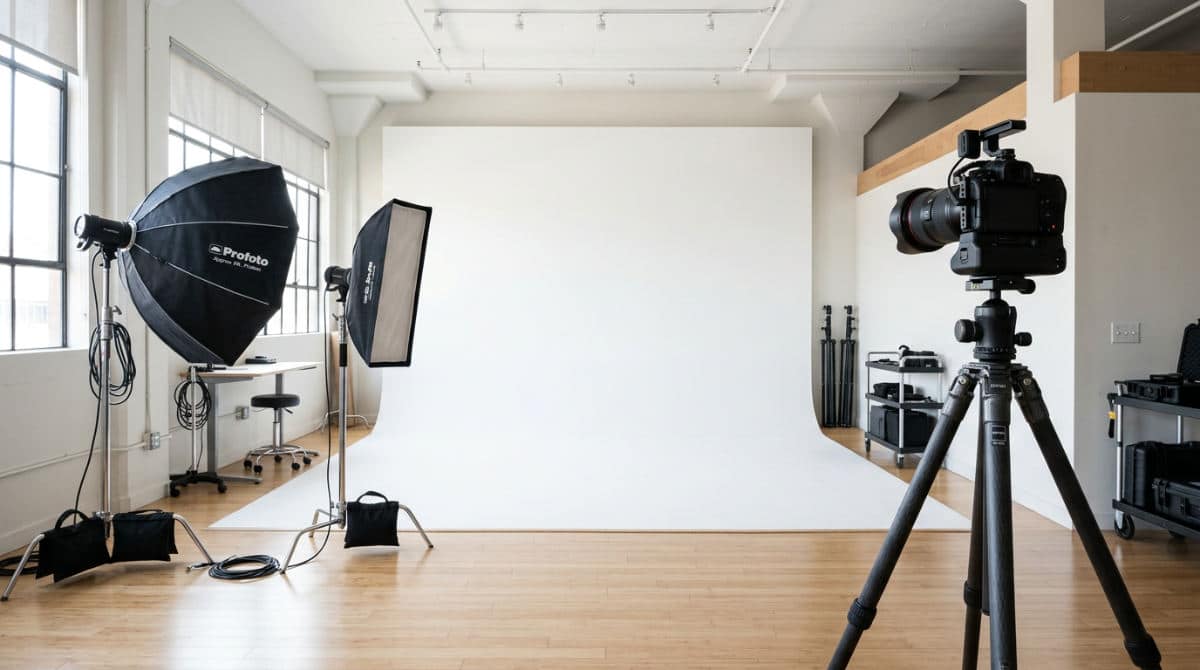 A professional photo shoot booth setup in a San Diego studio featuring a white cyclorama wall and high-end lighting gear.