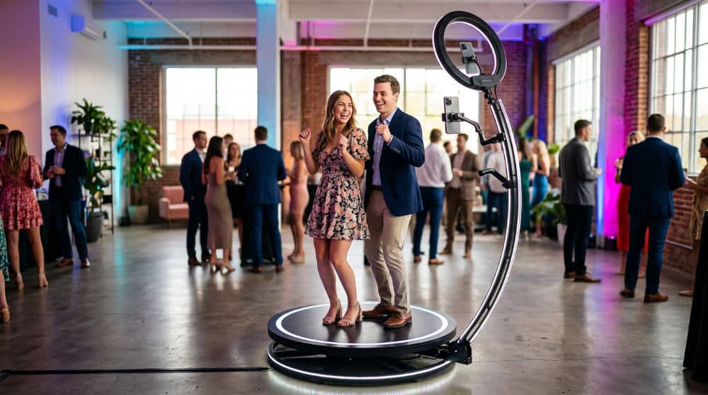 A modern 360 photo booth machine ready for a high-end event activation.